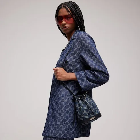 Gucci Bucket With Gucci Plaque Mini Shoulder Bag / Dark Blue Denim Palladium Hardware - Image 2