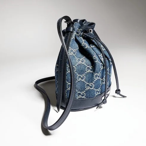 Gucci Bucket With Gucci Plaque Mini Shoulder Bag / Dark Blue Denim Palladium Hardware - Image 4
