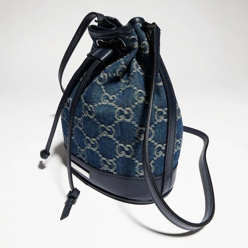 Gucci Bucket With Gucci Plaque Mini Shoulder Bag / Dark Blue Denim Palladium Hardware - Image 5