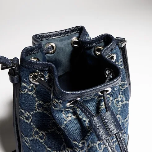 Gucci Bucket With Gucci Plaque Mini Shoulder Bag / Dark Blue Denim Palladium Hardware - Image 9