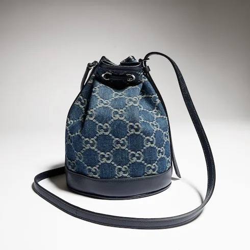 Gucci Bucket With Gucci Plaque Mini Shoulder Bag / Dark Blue Denim Palladium Hardware - Image 6