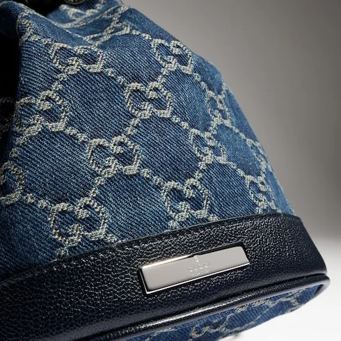 Gucci Bucket With Gucci Plaque Mini Shoulder Bag / Dark Blue Denim Palladium Hardware - Image 8