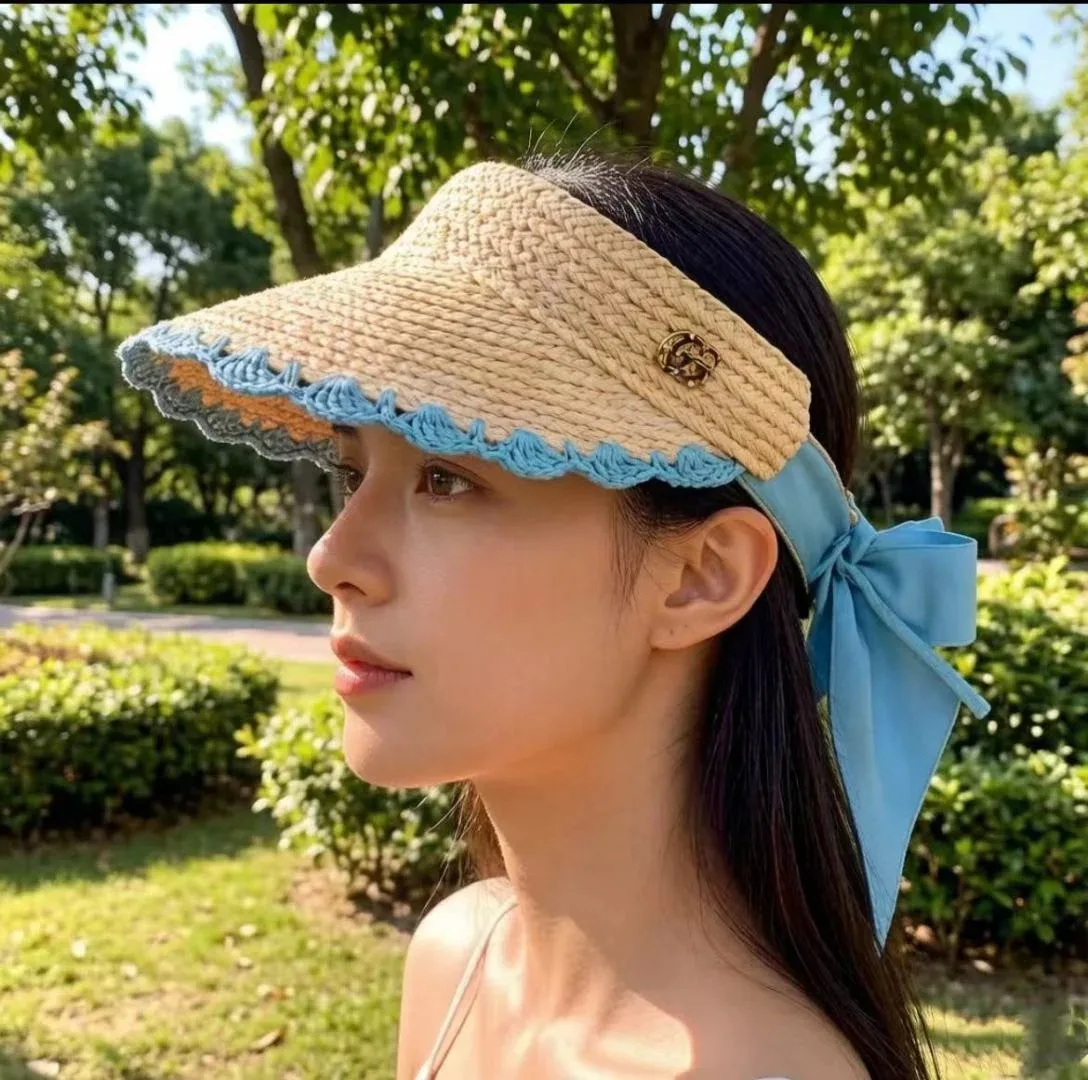 Alternative view of Gucci Crochet-Trimmed Visor Beige/ Blue Straw