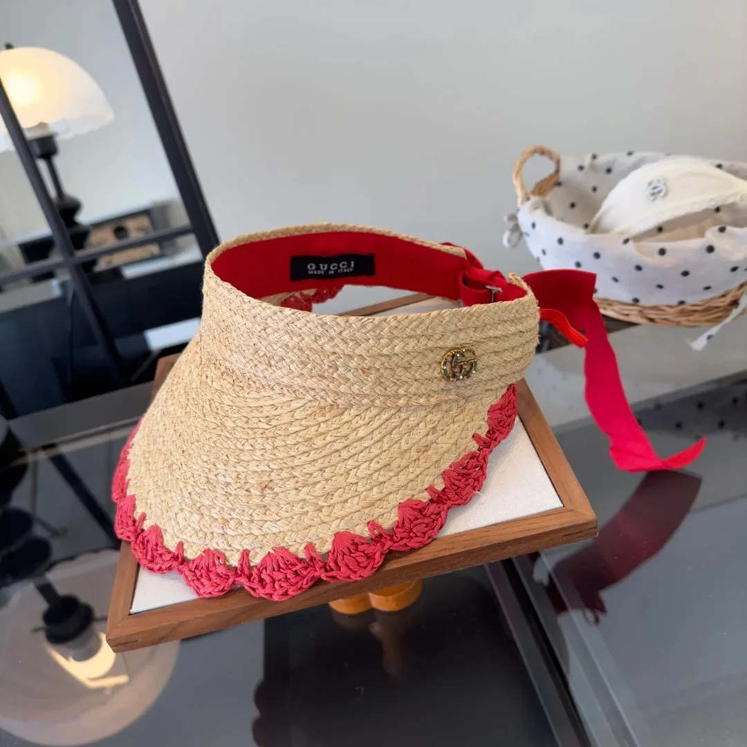 Alternative view of Gucci Crochet-Trimmed Visor Beige/ Red Straw