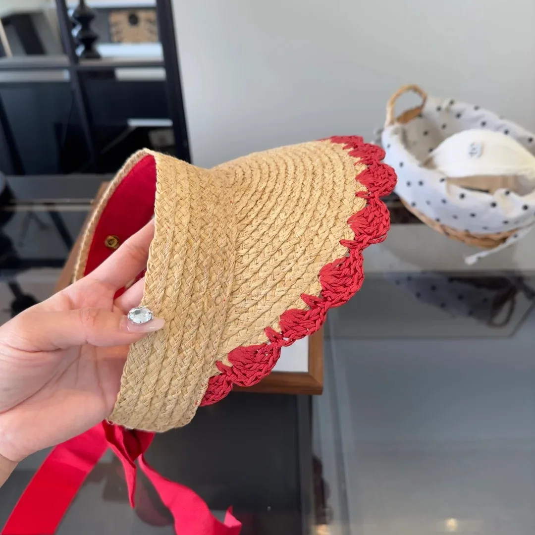 Gucci Crochet-Trimmed Visor Beige/ Red Straw - Image 6