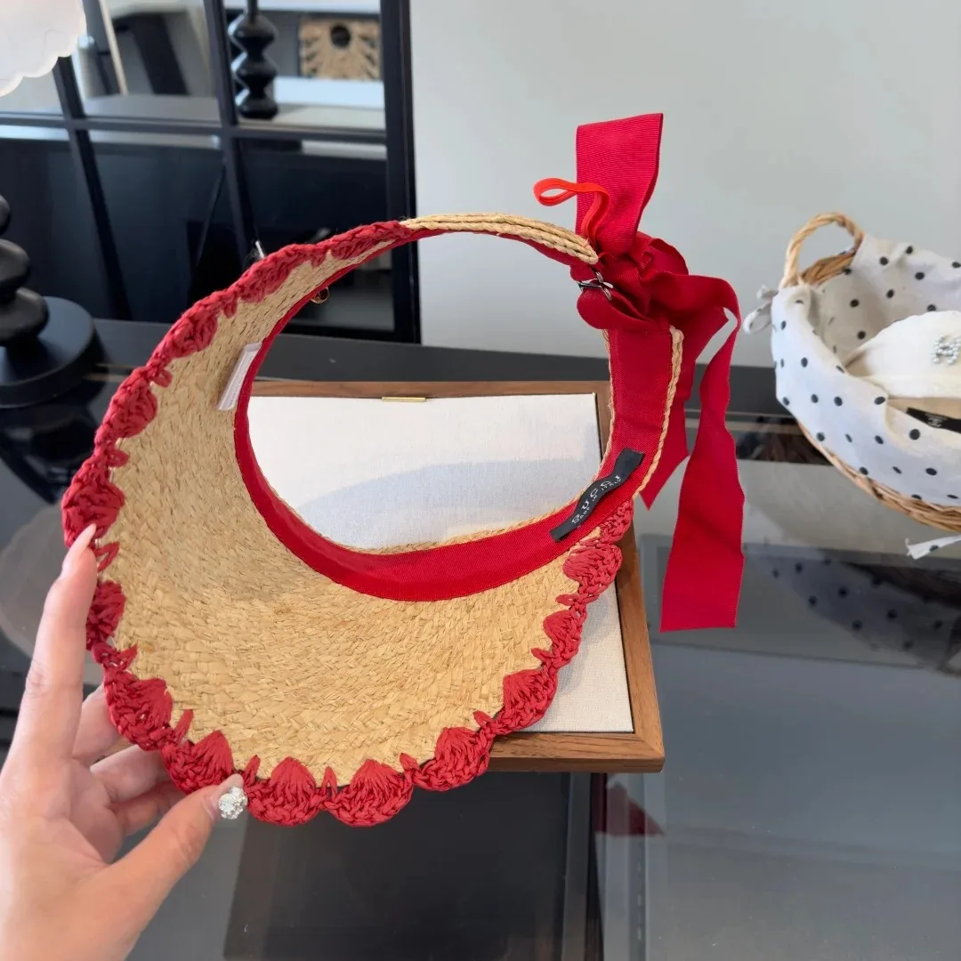 Gucci Crochet-Trimmed Visor Beige/ Red Straw - Image 9
