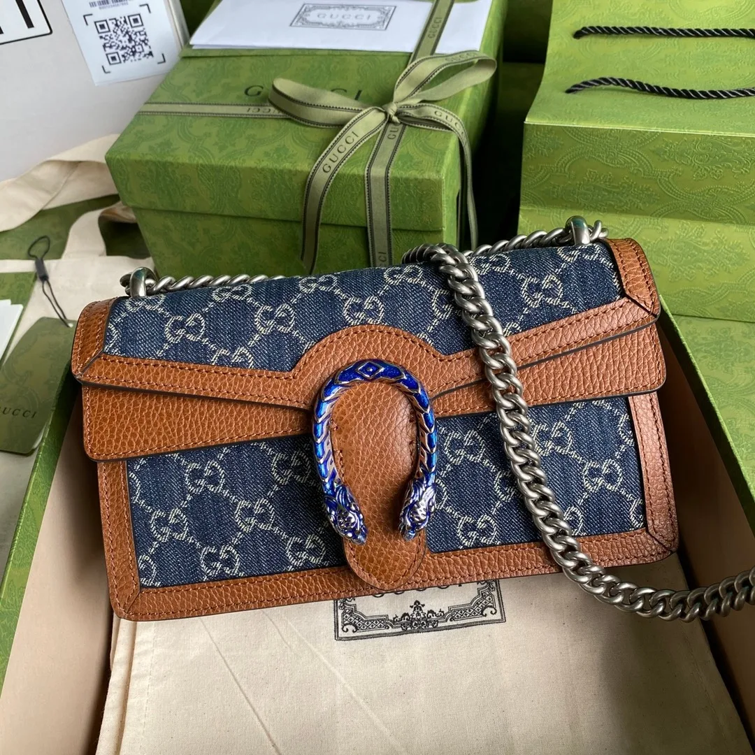 Gucci Dionysus Small Shoulder Bag / Dark Blue/ Ivory Eco Washed Organic GG Jacquard Denim Antique Silver Hardware - Image 3