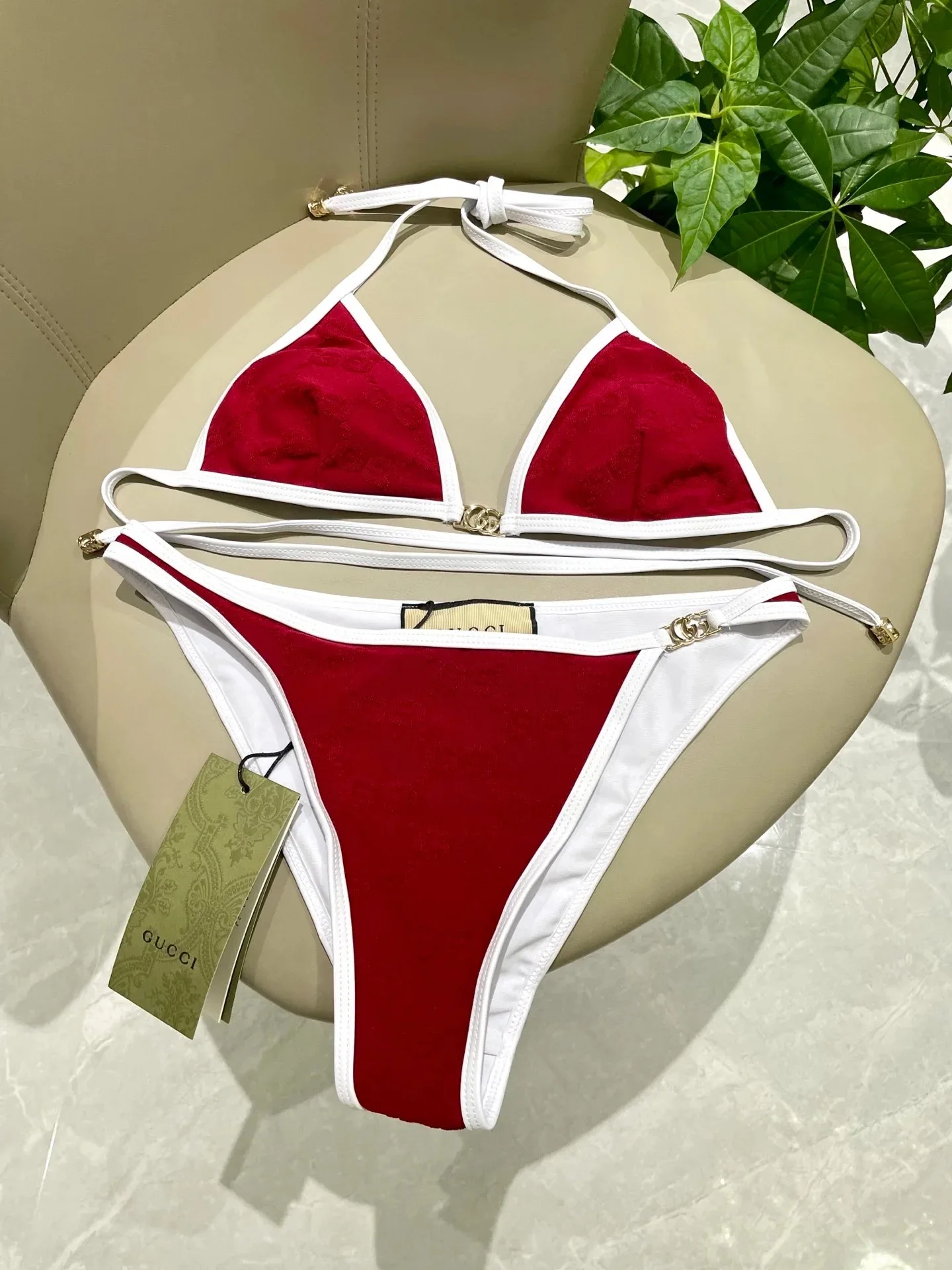 Gucci GG Jacquard Triangle Bikini Red - Image 8