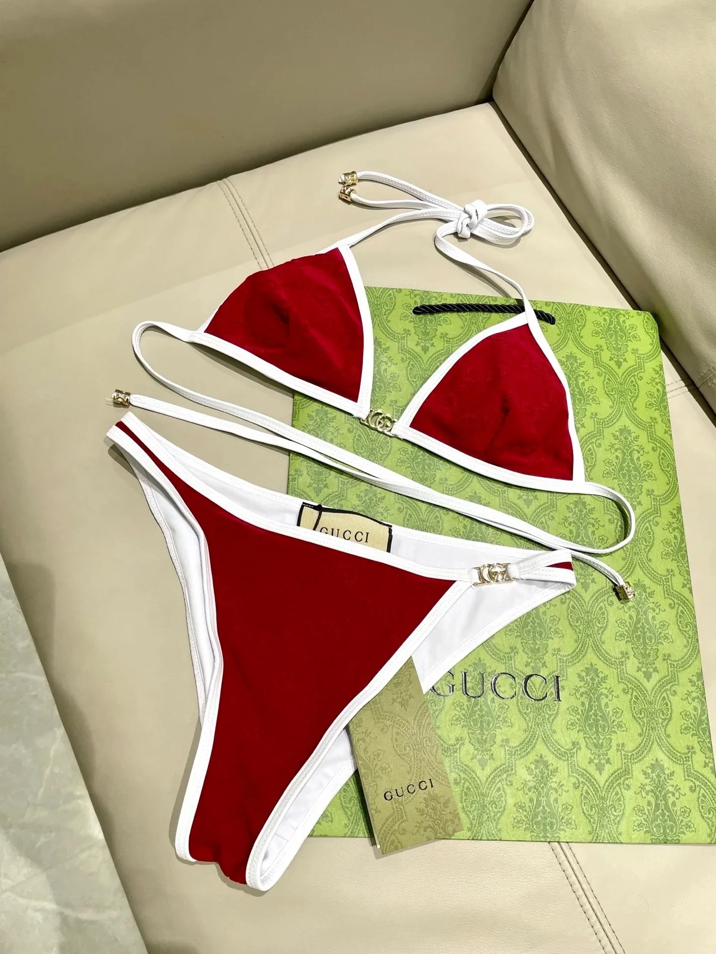 Gucci GG Jacquard Triangle Bikini Red - Image 5