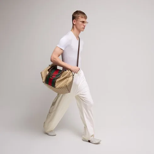 Gucci GG Medium In Web Duffle Bag / Sand/ Dark Brown Gold Hardware - Image 3