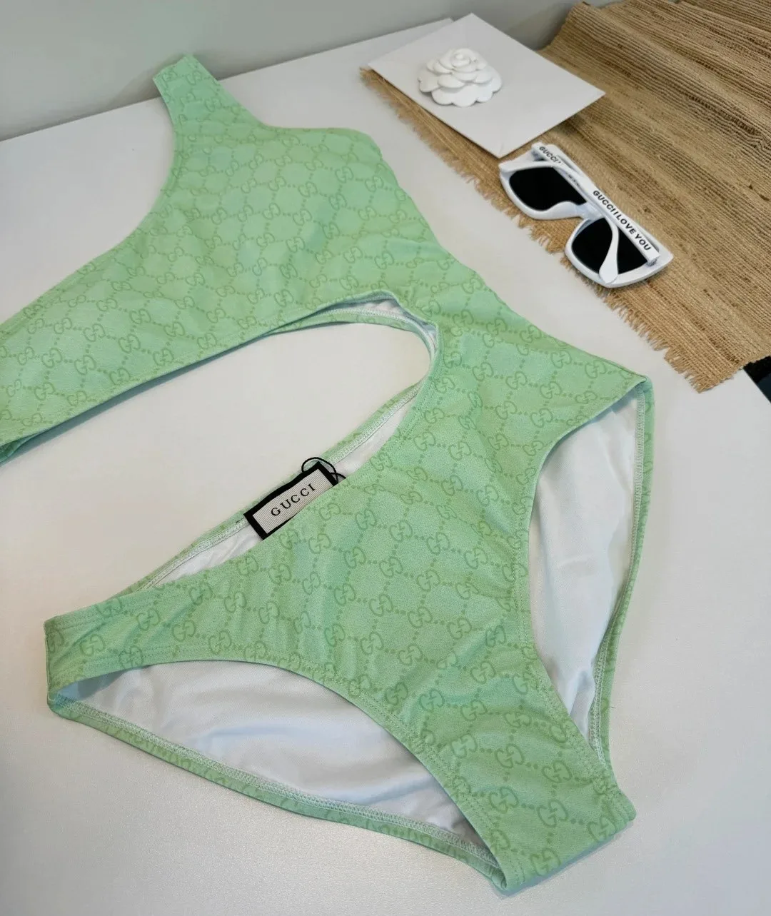 Gucci GG Printed Cutout Swimsuit Light Green - Image 6