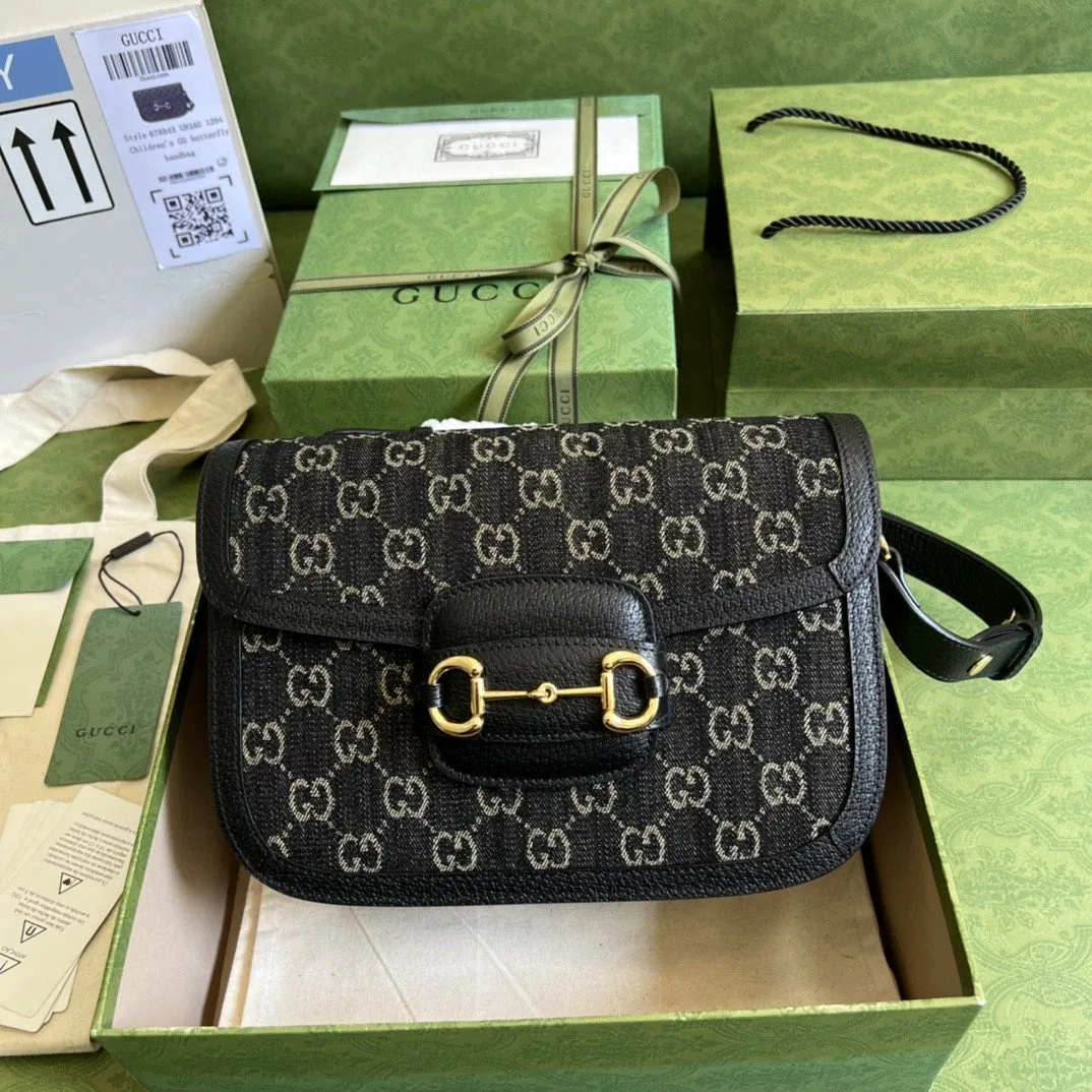 Gucci Horsebit 1955 Shoulder Bag / Black And Ivory GG Denim Jacquard Gold Hardware - Image 3