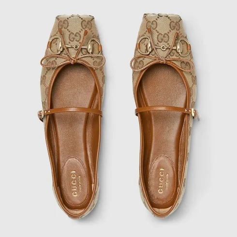 Gucci Horsebit Ballet Flats Beige/ Dark Brown Canvas - Image 7