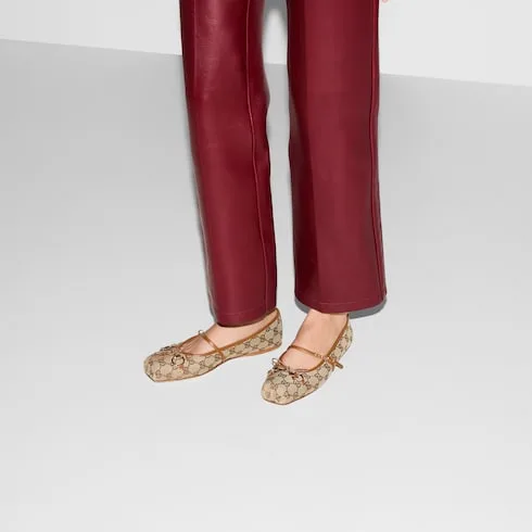 Gucci Horsebit Ballet Flats Beige/ Dark Brown Canvas - Image 3