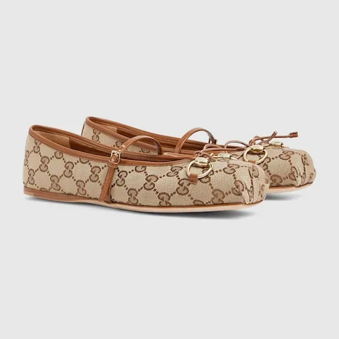 Gucci Horsebit Ballet Flats Beige/ Dark Brown Canvas - Image 5