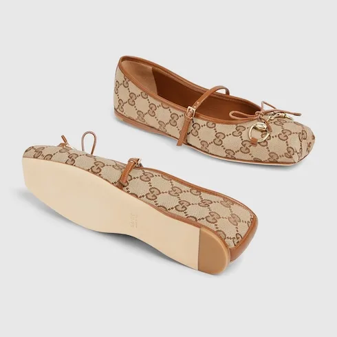 Gucci Horsebit Ballet Flats Beige/ Dark Brown Canvas - Image 4