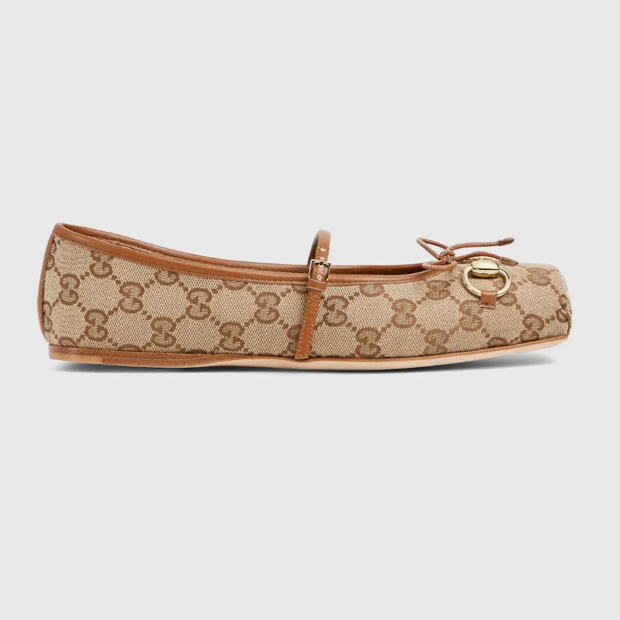 Gucci Horsebit Ballet Flats Beige/ Dark Brown Canvas - Image 6