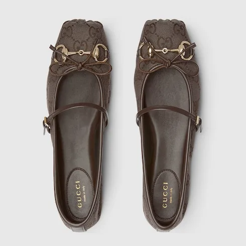 Gucci Horsebit Ballet Flats Dark Brown Canvas - Image 7