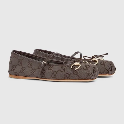 Gucci Horsebit Ballet Flats Dark Brown Canvas - Image 4