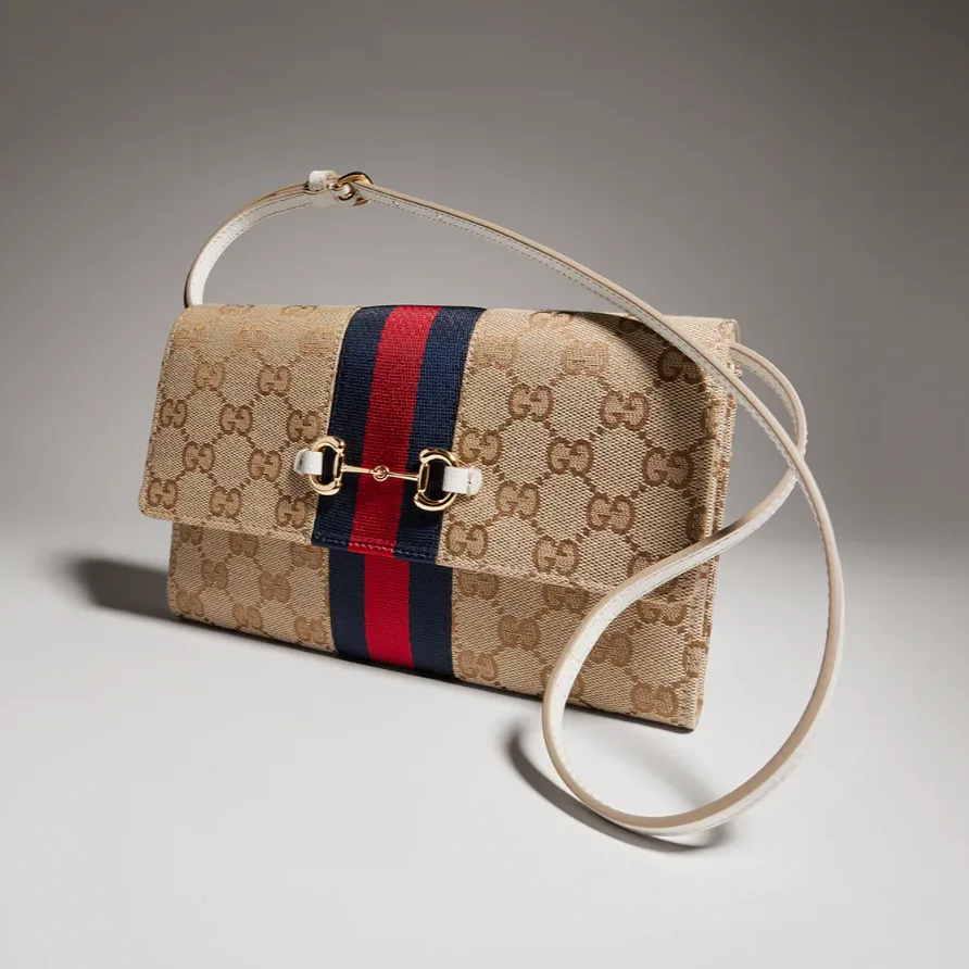 Gucci Horsebit Web Wallet With Strap Shoulder Bag / Sand/ Dark Brown Gold Hardware A00B8I FAF1B 9664 - Image 7