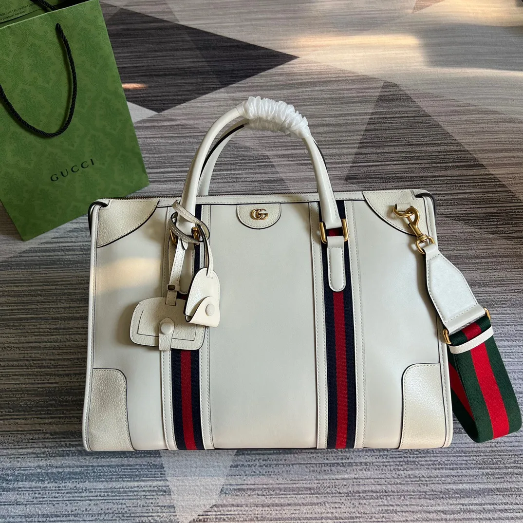 Large Bauletto Top Handle Bag With Double G White/Brown / - Image 10