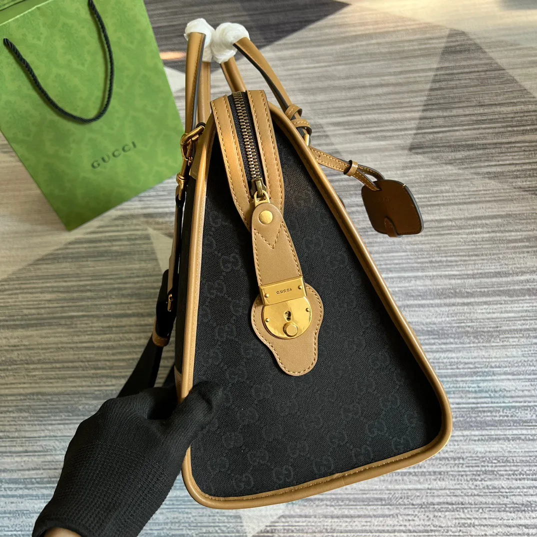 Large Bauletto Top Handle Bag With Double G White/Brown / - Image 13