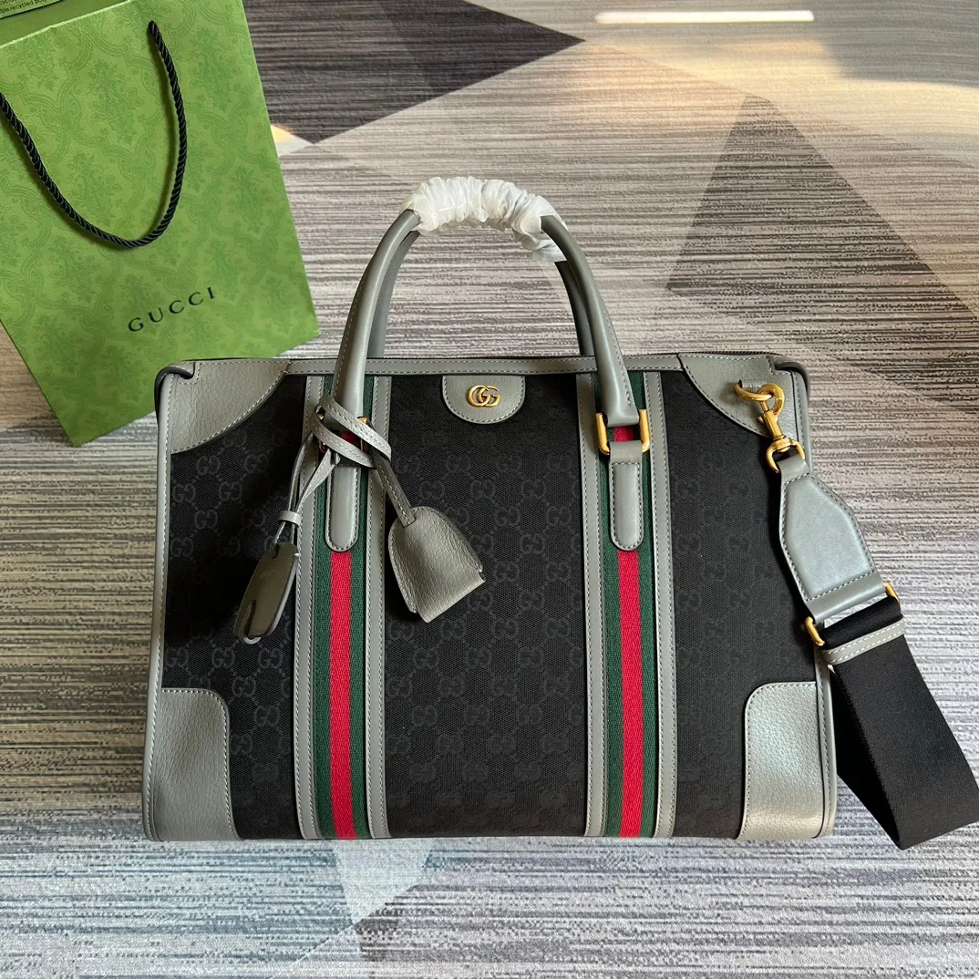 Large Bauletto Top Handle Bag With Double G White/Grey / - Image 11