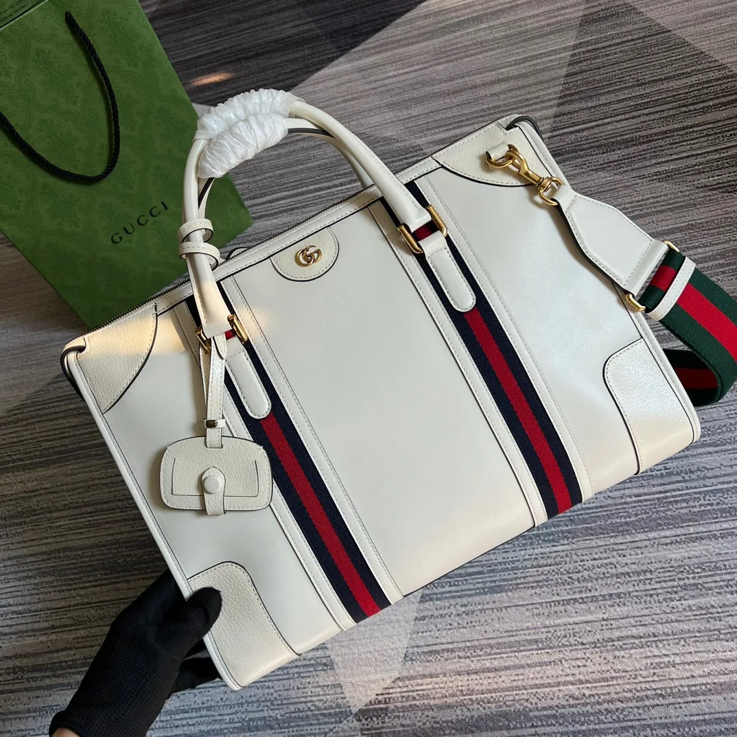 Large Bauletto Top Handle Bag With Double G White/Brown / - Image 7