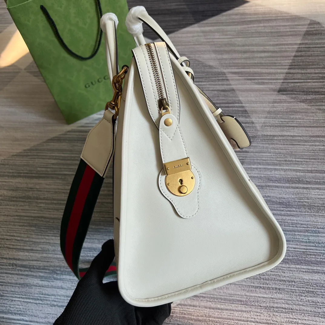 Large Bauletto Top Handle Bag With Double G White/Brown / - Image 8