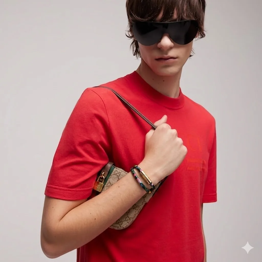 Alternative view of Gucci Leather Double Bracelet With Gucci Script Black Tubular