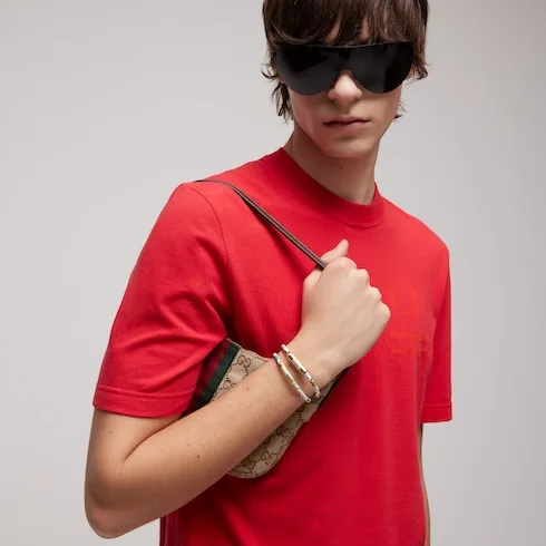 Alternative view of Gucci Leather Double Bracelet With Gucci Script White Tubular