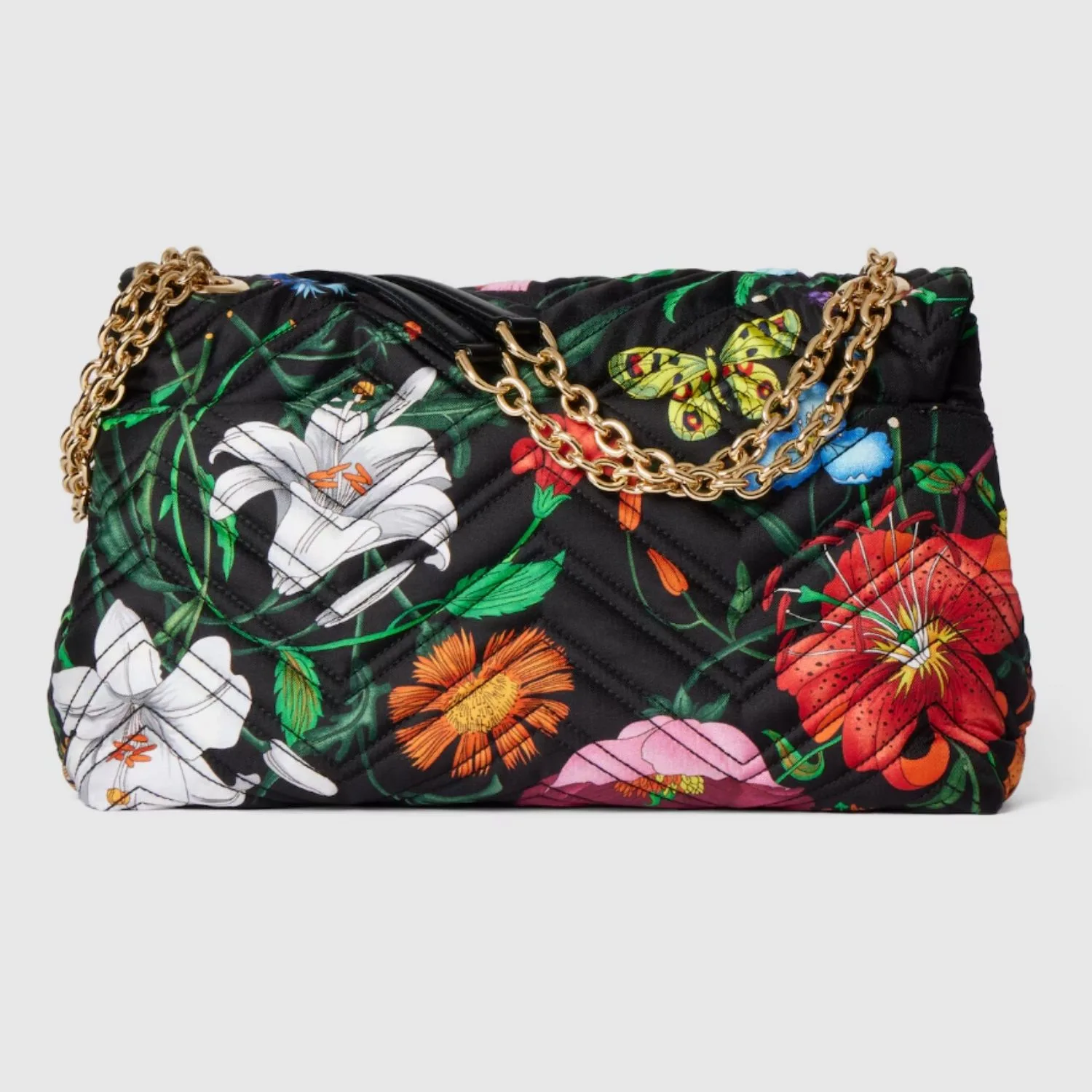Gucci Marmont Medium Shoulder Bag / Black And Multicolor Flora Gold Hardware - Image 5