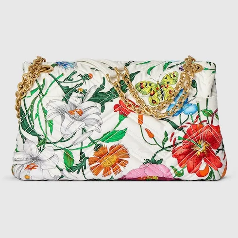 Gucci Marmont Medium Shoulder Bag / White/ Multicolor Flora Gold Hardware - Image 6