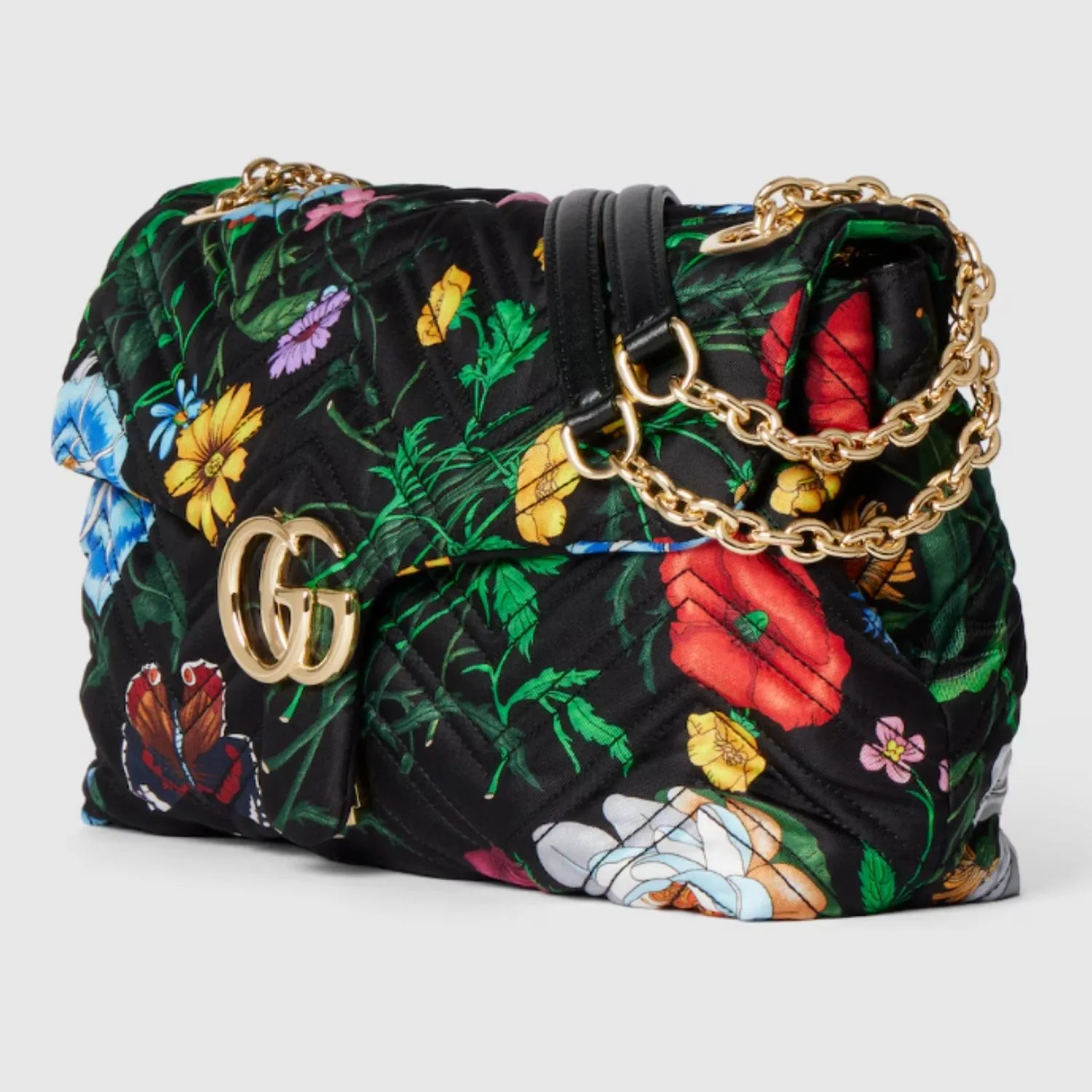 Gucci Marmont Medium Shoulder Bag / Black And Multicolor Flora Gold Hardware - Image 4
