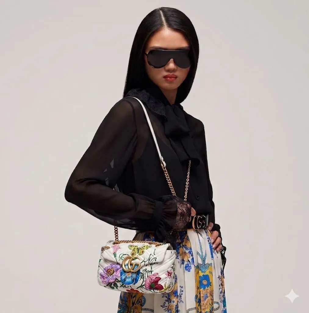 Alternative view of Gucci Marmont Mini Shoulder Bag / White/ Multicolor Flora Gold Hardware
