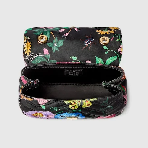 Gucci Marmont Mini Shoulder Bag / Black/ Multicolor Flora Gold Hardware - Image 7