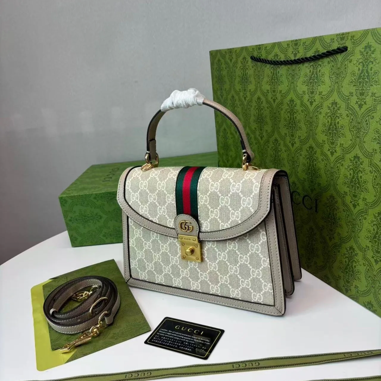 Gucci Ophidia Small Top Handle Bag / Beige/ White Gold Hardware - Image 3