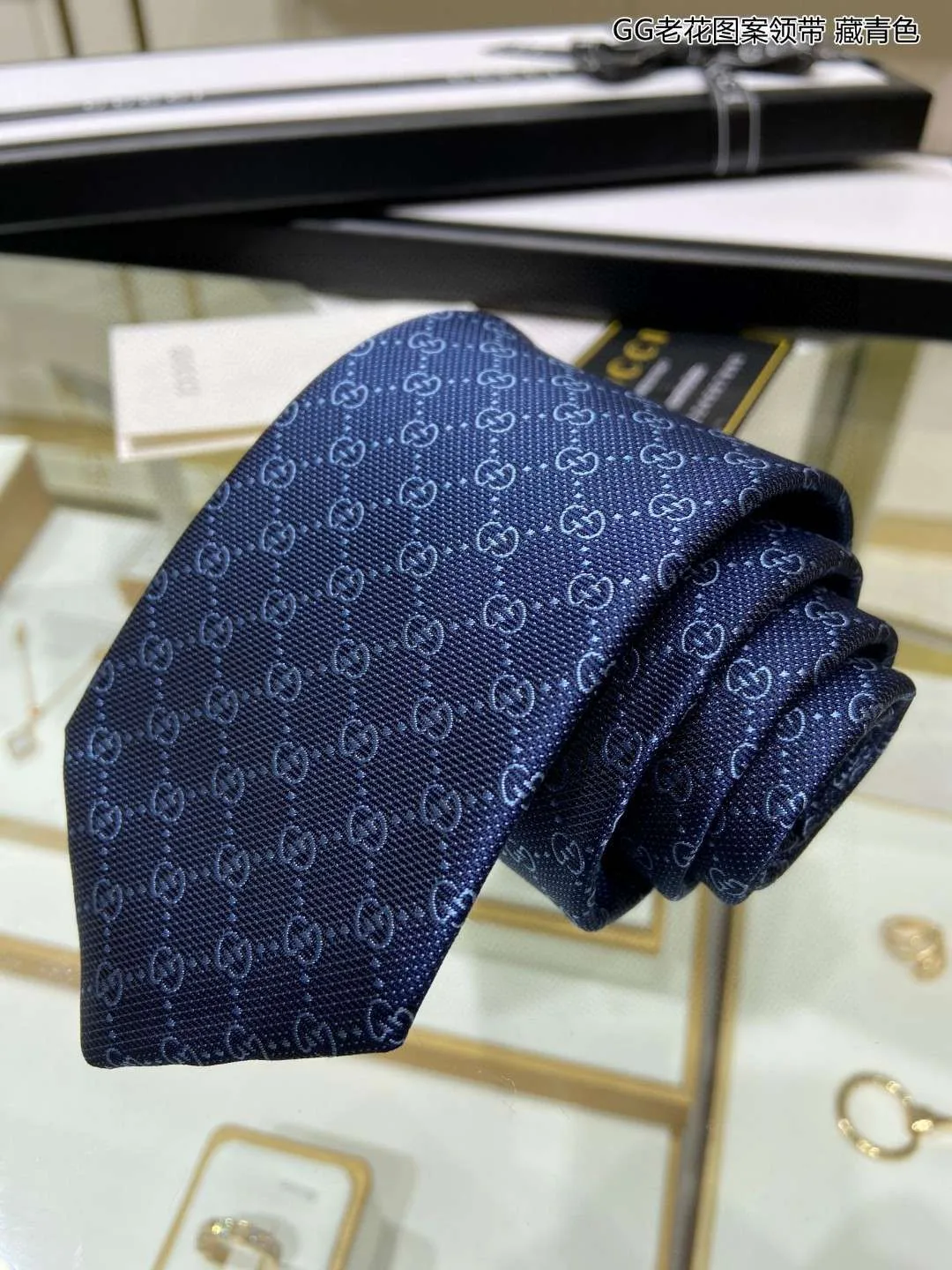 Gucci Pattern Silk Tie Navy Blue - Image 7