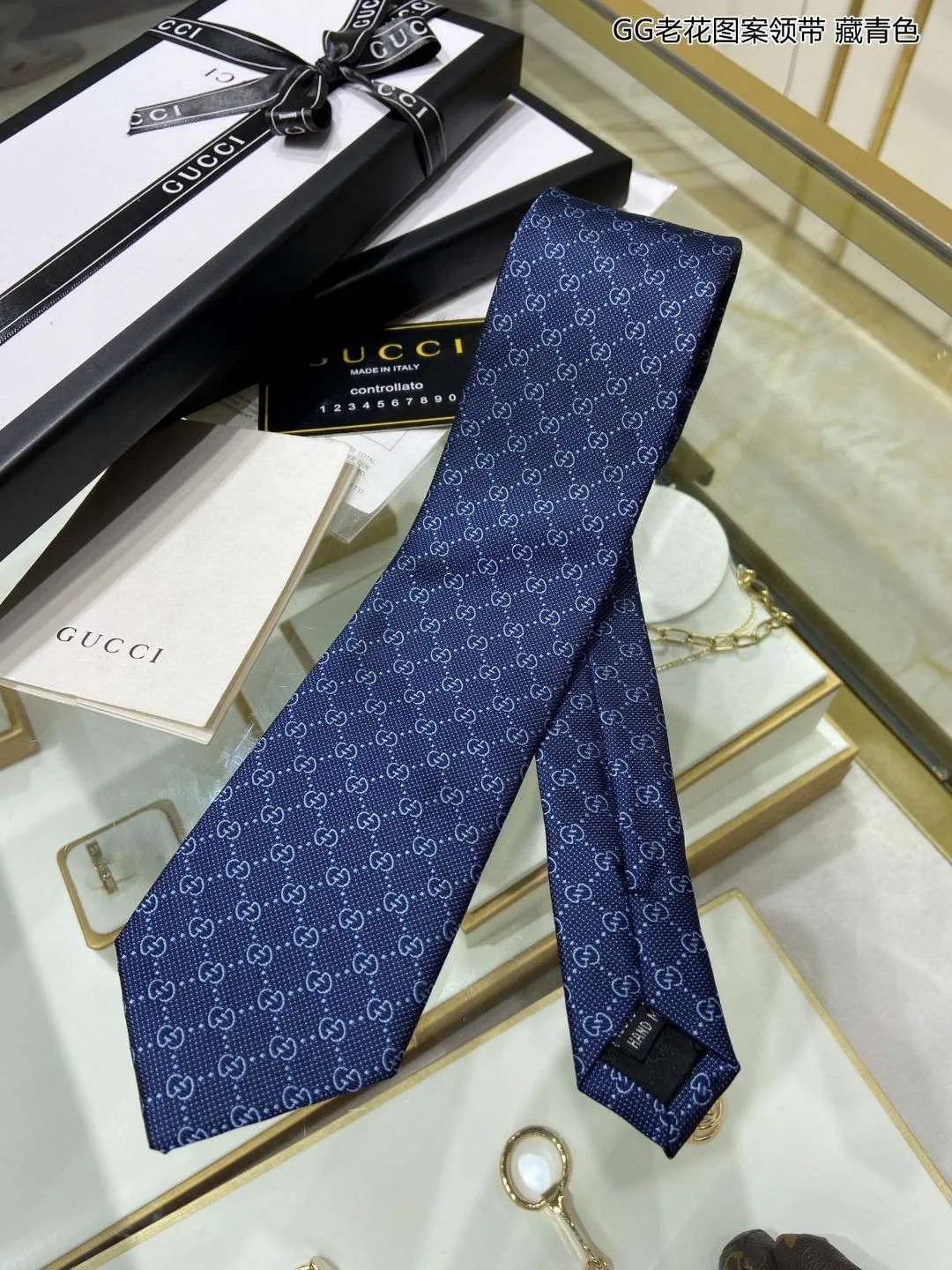 Gucci Pattern Silk Tie Navy Blue - Image 6