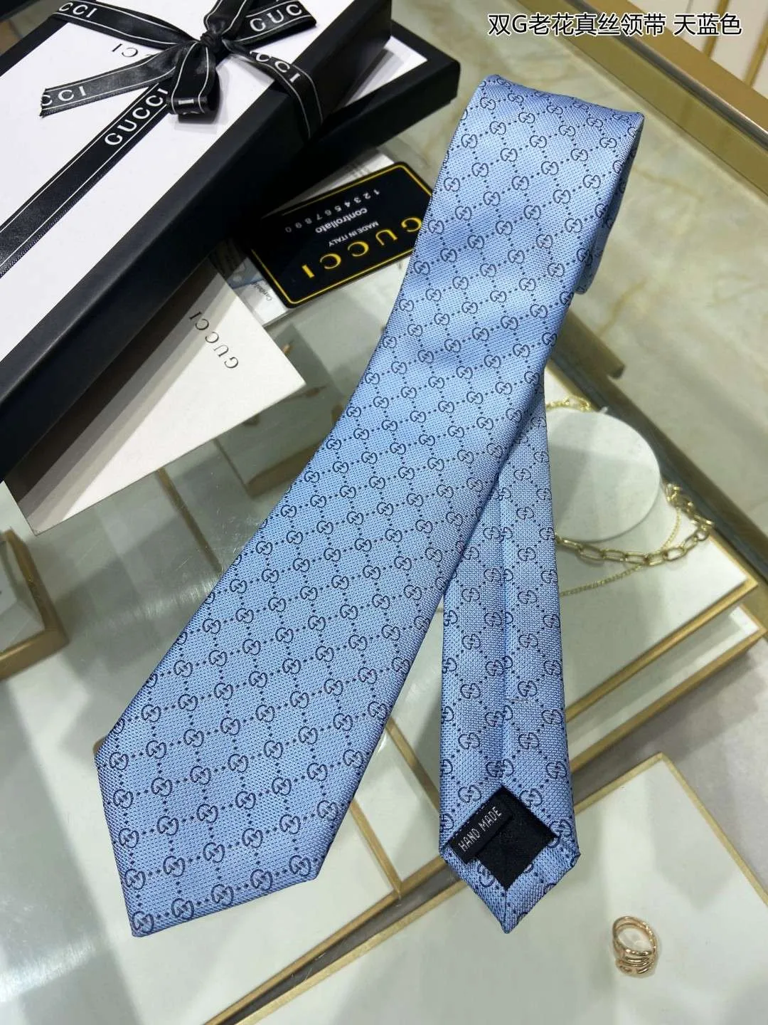 Gucci Pattern Silk Tie Blue - Image 6