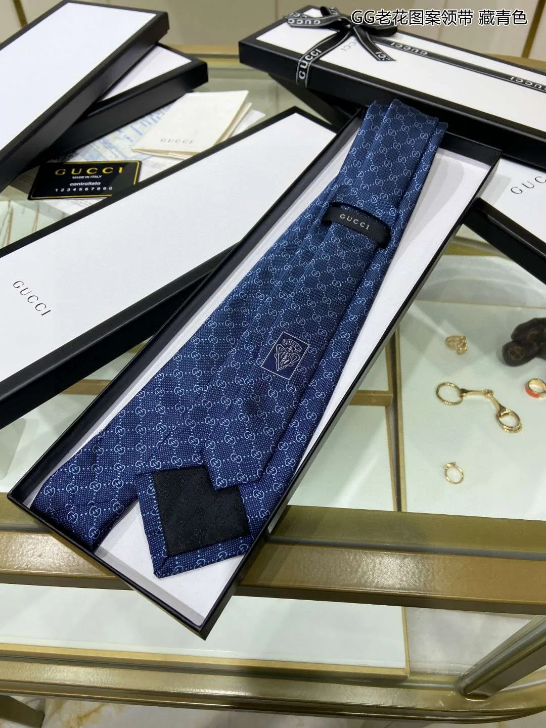 Gucci Pattern Silk Tie Navy Blue - Image 5