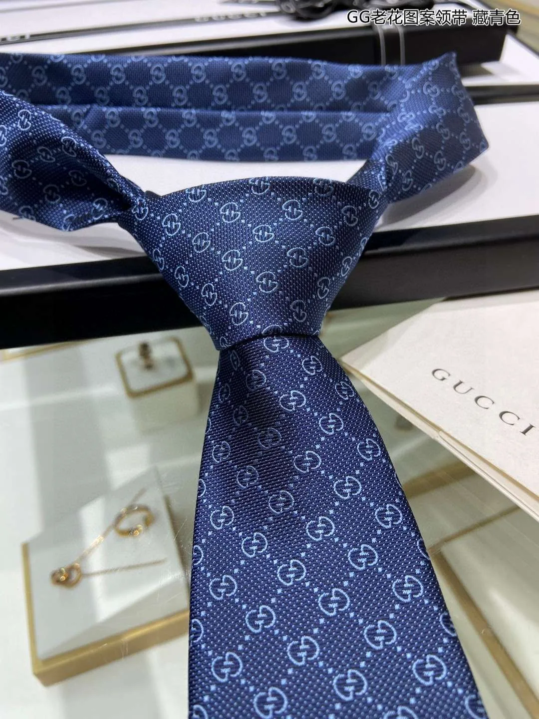 Gucci Pattern Silk Tie Navy Blue - Image 4