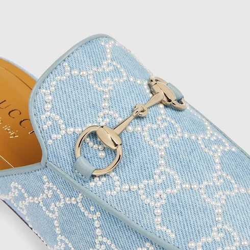 Gucci Princetown With Pearls Slippers Blue Denim Light Gold Hardware ? FAFTM 4963 - Image 8