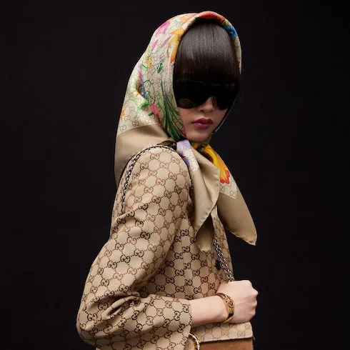 Alternative view of Gucci Printed GG Silk Twill Carre Scarf Brown/ Multicolor