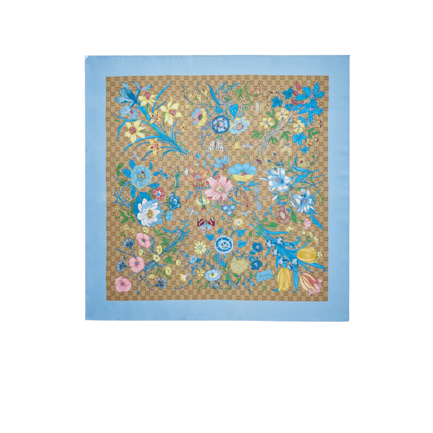 Gucci Printed GG Silk Twill Carre Scarf Light Blue/ Multicolor