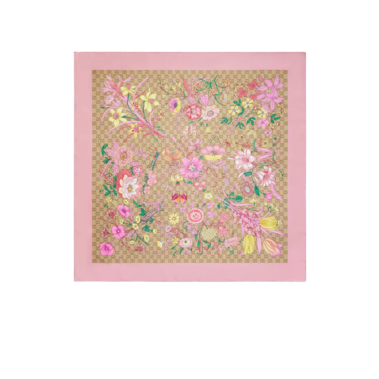 Gucci Printed GG Silk Twill Carre Scarf Light Pink/ Multicolor