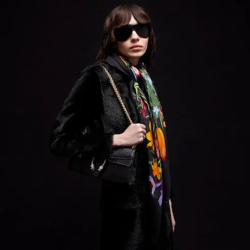 Alternative view of Gucci Printed GG Wool Silk Shawl Scarf Black/ Multicolor