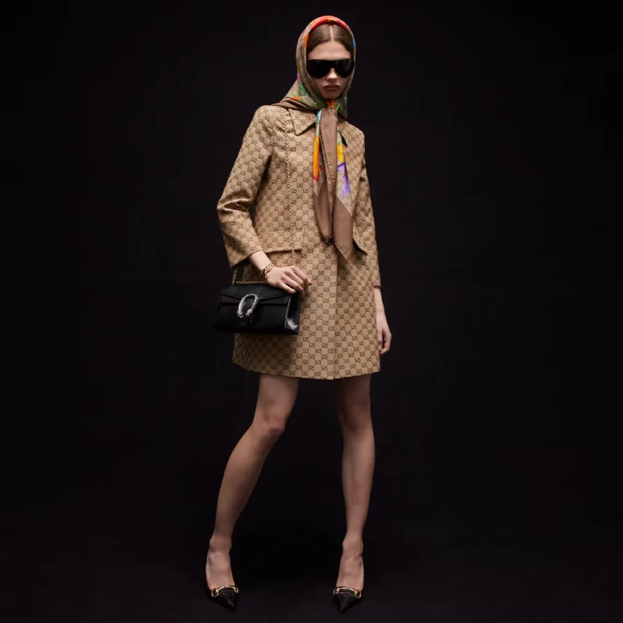 Alternative view of Gucci Printed GG Wool Silk Shawl Scarf Brown/ Multicolor