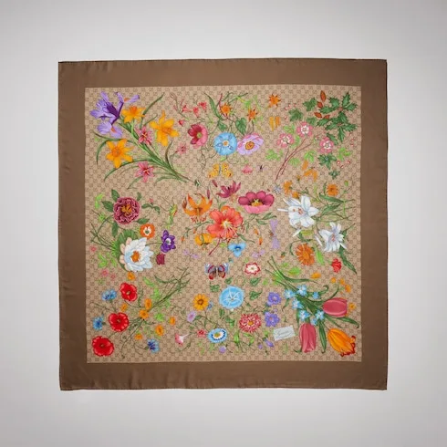 Gucci Printed GG Wool Silk Shawl Scarf Brown/ Multicolor - Image 4