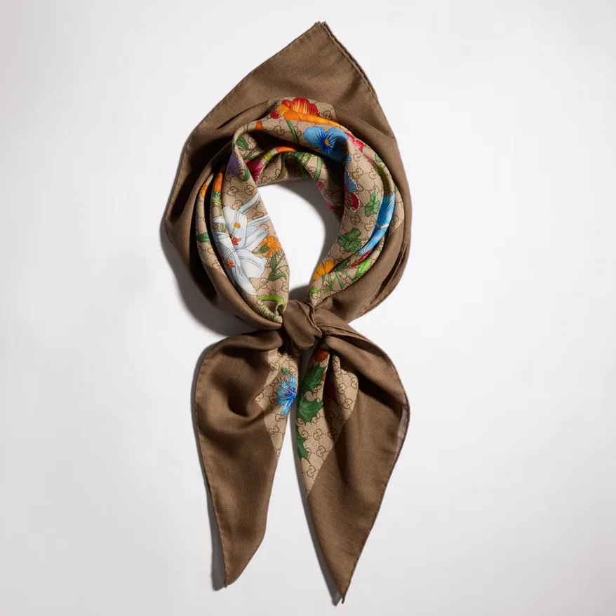 Gucci Printed GG Wool Silk Shawl Scarf Brown/ Multicolor - Image 3